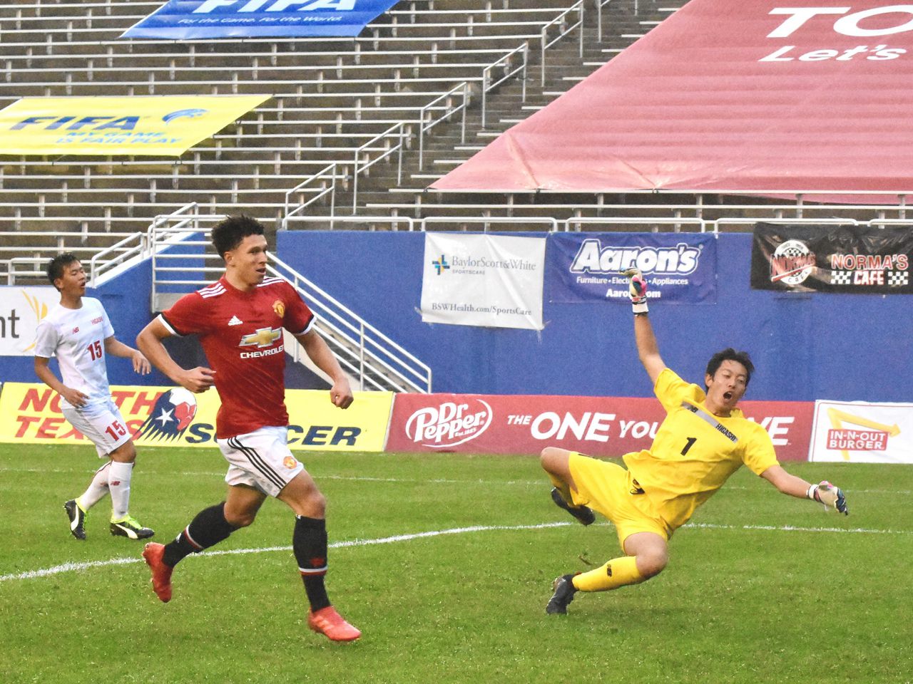 Nishan Burkart scores a goal against Higashi Fukuoka