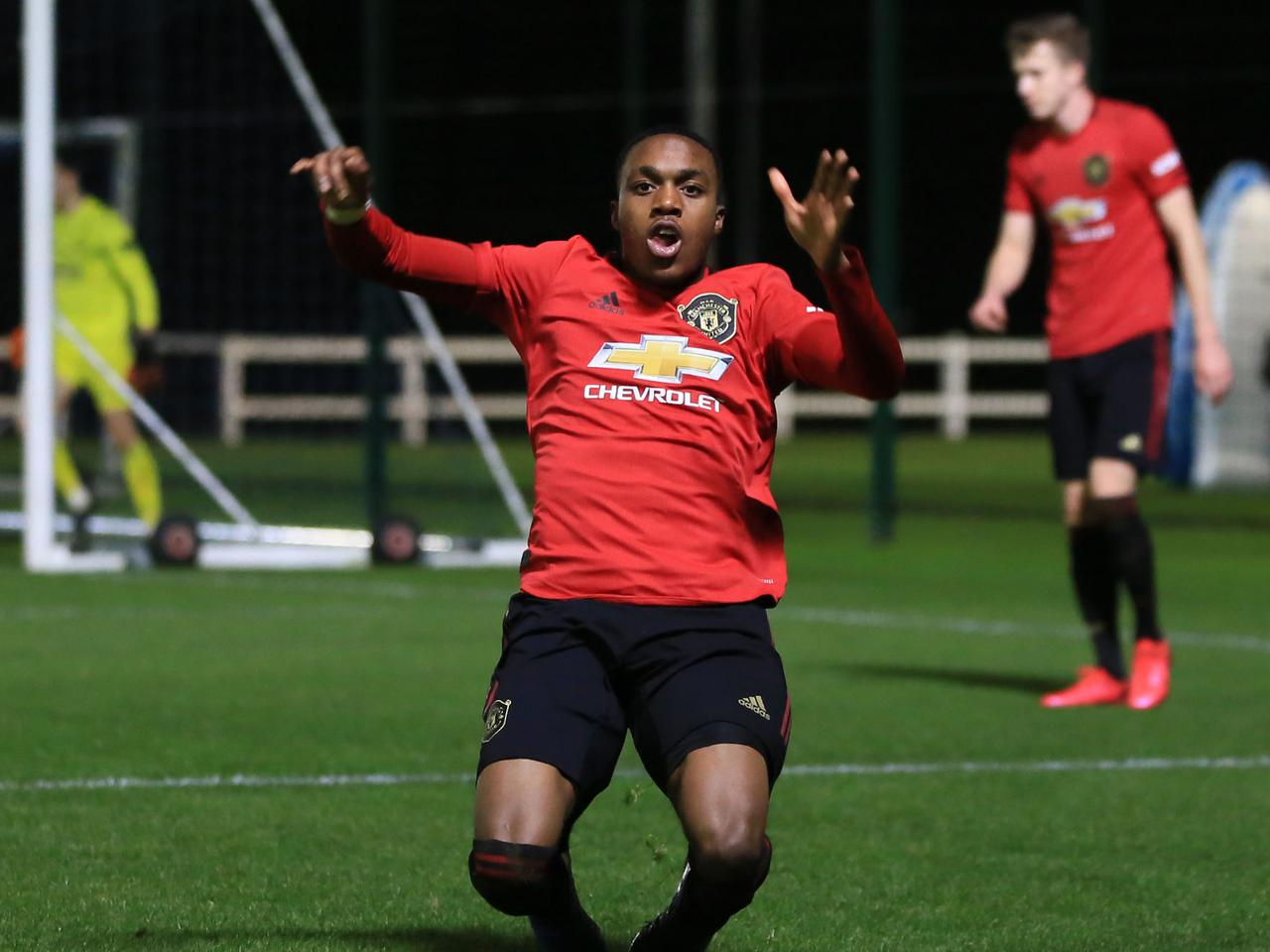 Deji Sotona celebrates after scoring the first goal for Manchester United's Under-18s against Everton