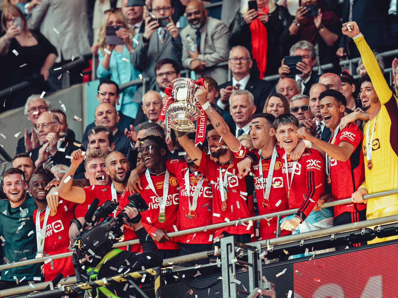 Man Utd players lift the FA Cup trophy at Wembley