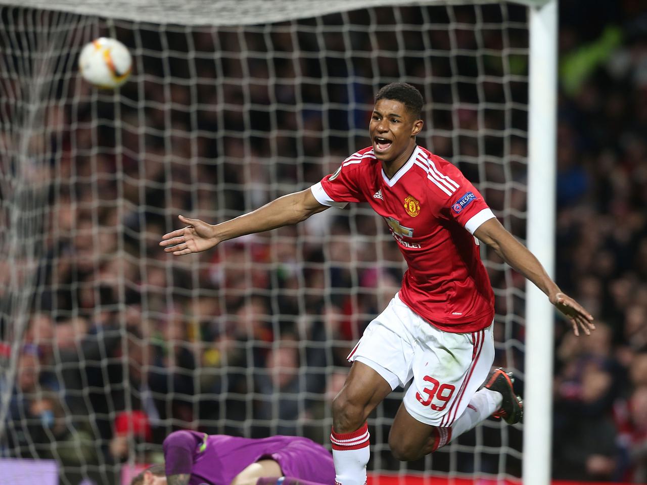 Marcus Rashford celebrates after scoring his first senior goal for Manchester United, against Fc Midtjylland