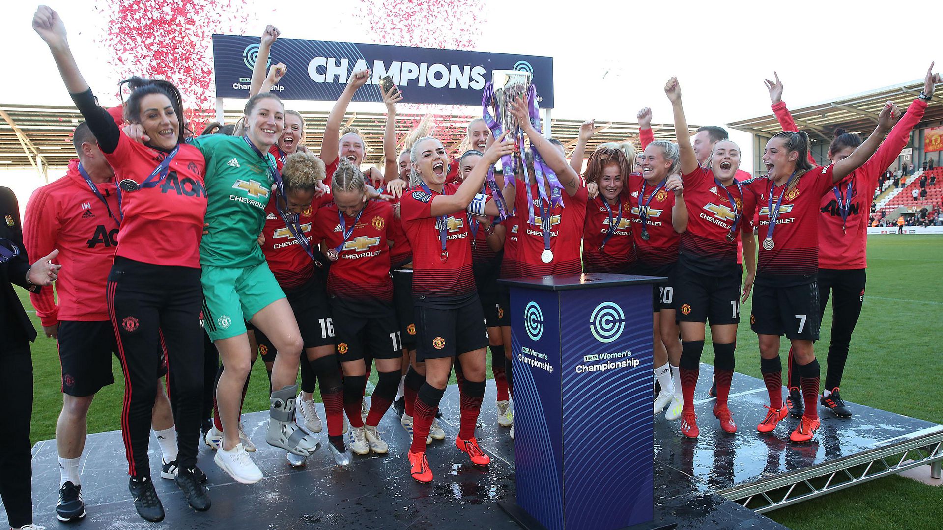 United Women lift the FA Womens Championship trophy Manchester United