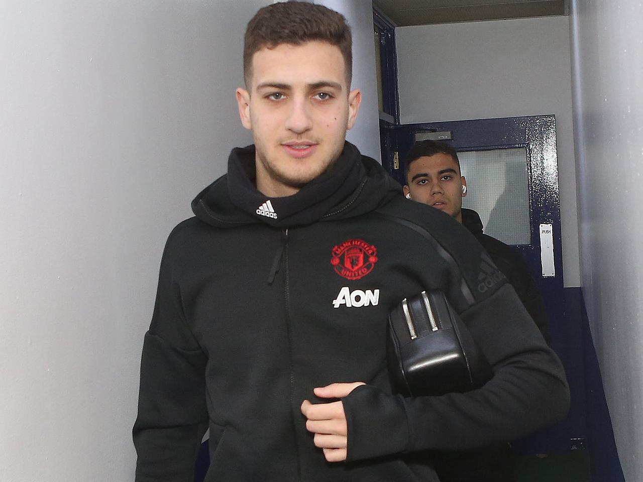 Diogo Dalot arrives at Prenton Park.