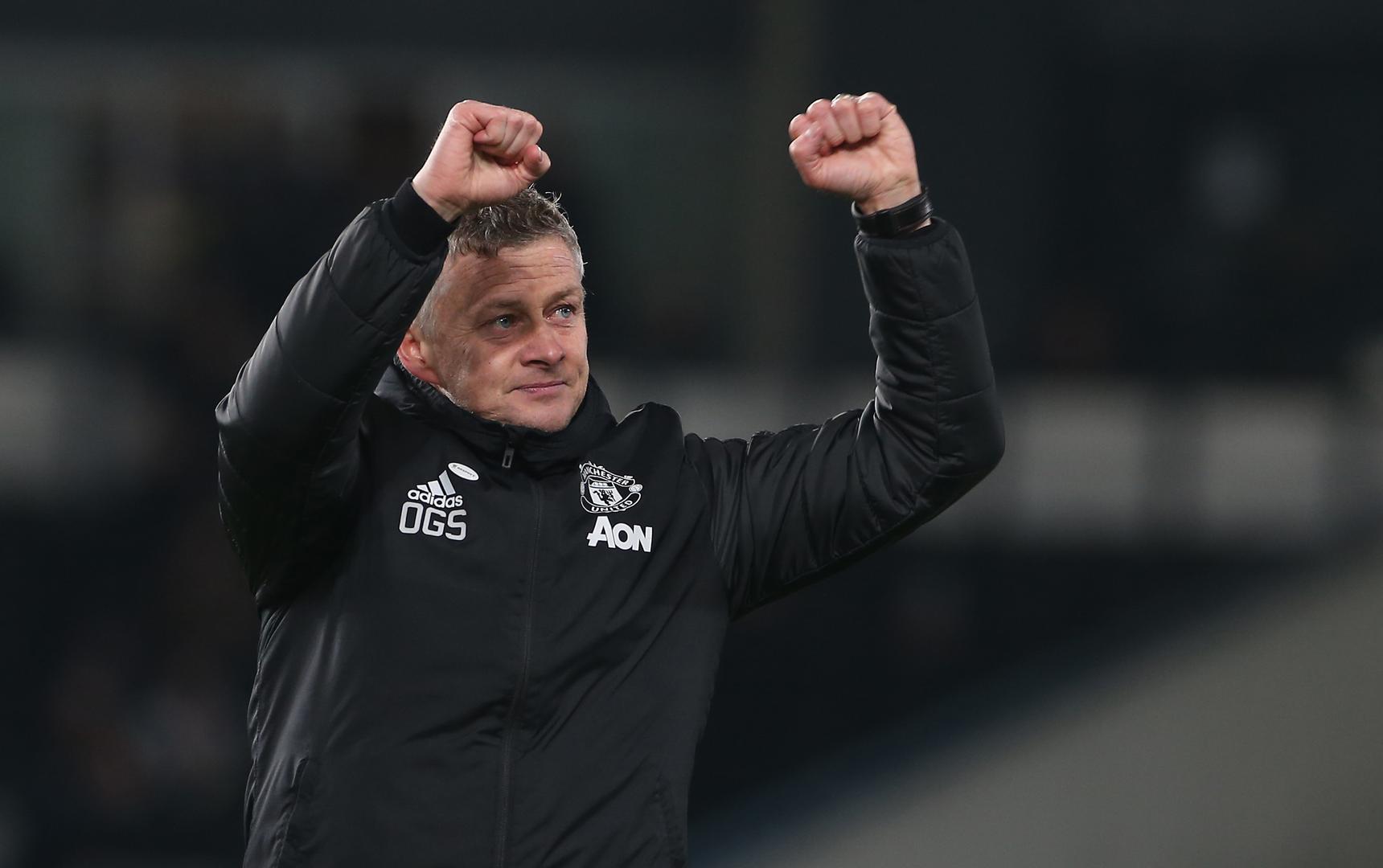 Ole Gunnar Solskjaer celebrates Manchester United's win over Derby County