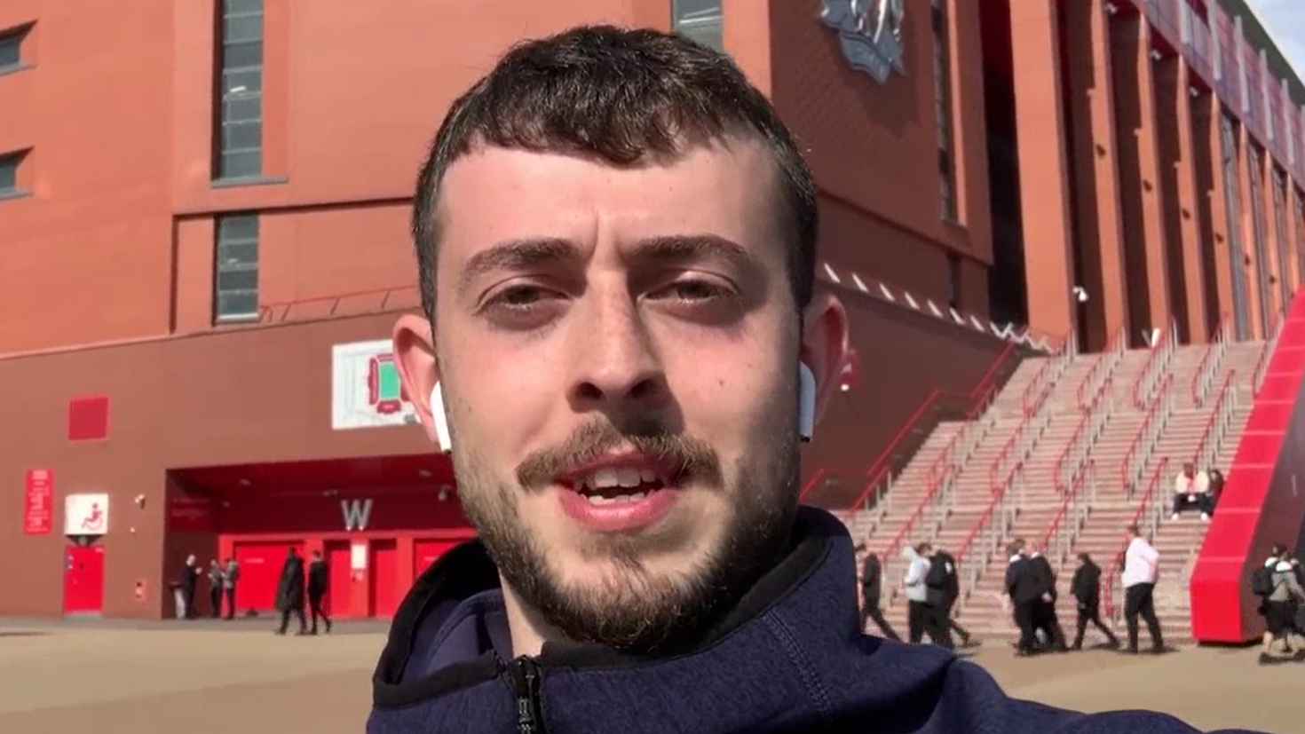 Man Utd reporter Harry Robinson outside Anfield before Liverpool match