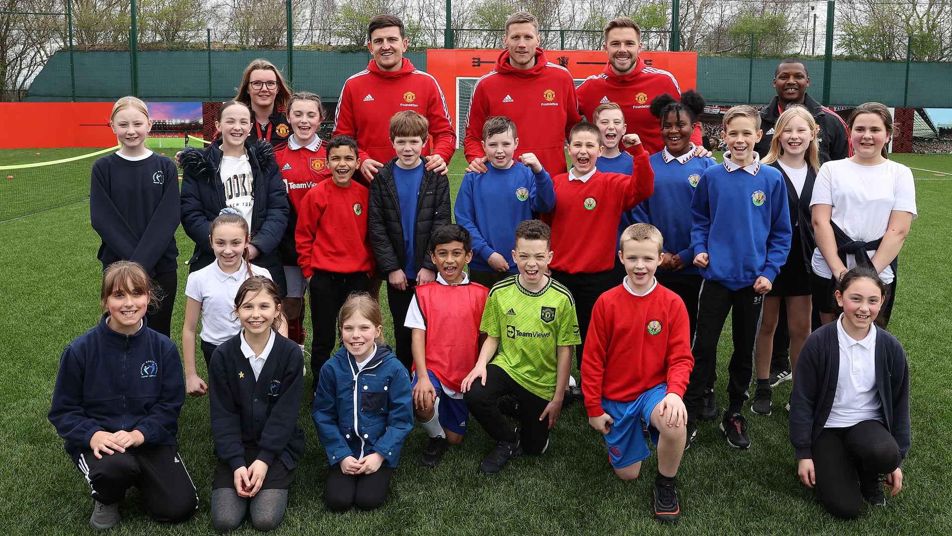 Man Utd players Butland Maguire and Weghorst met students at Carrington