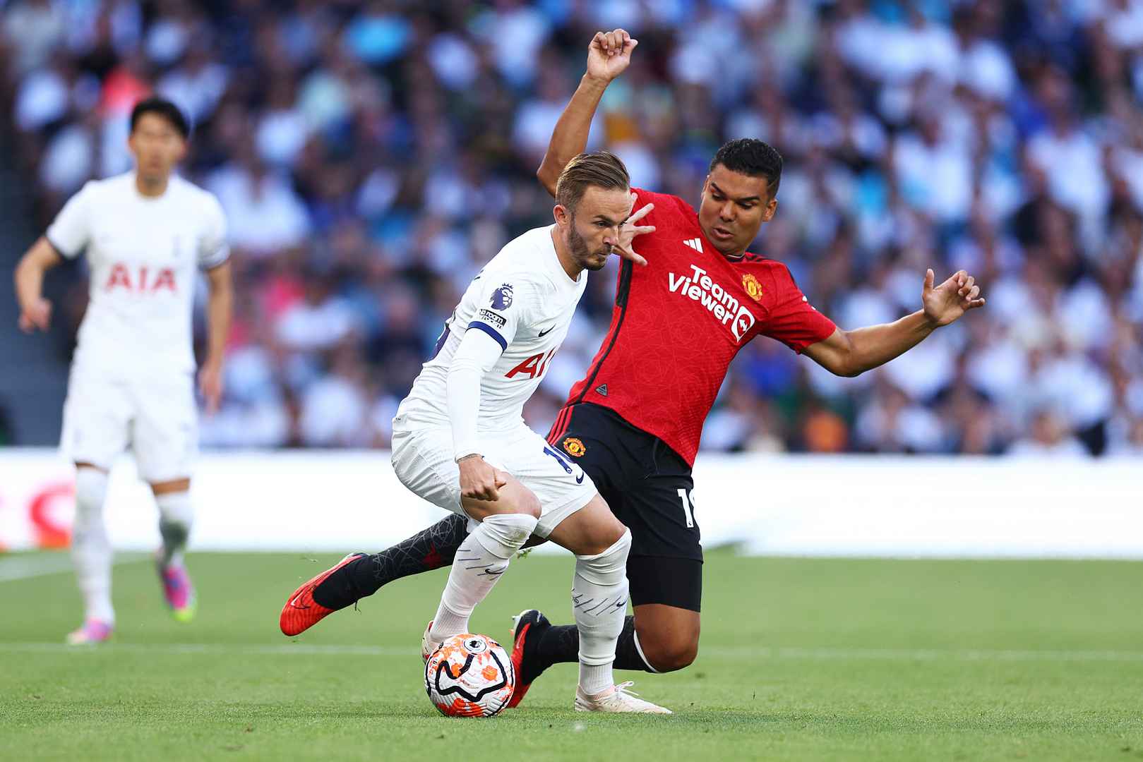 Manchester United's Casemiro challenges Spur's James Maddison in a past encounter