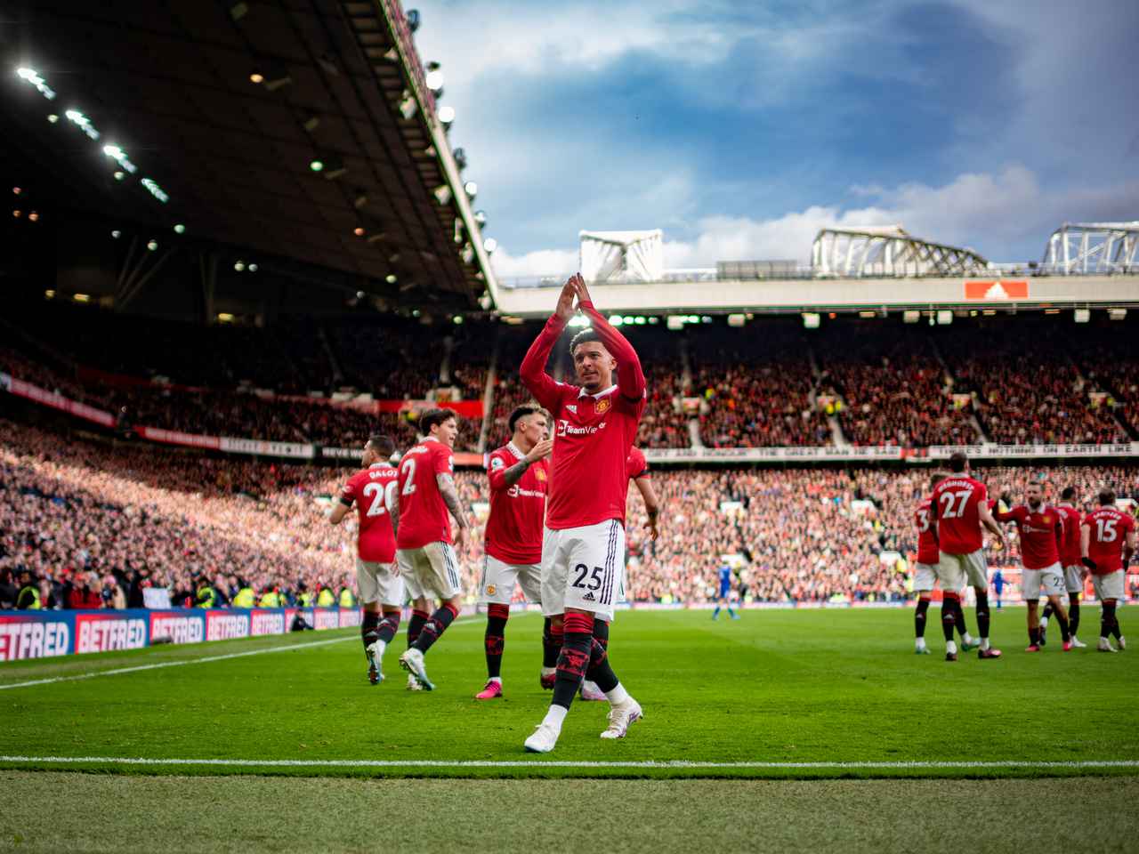 Jadon Sancho celebrates his goal at Old Trafford