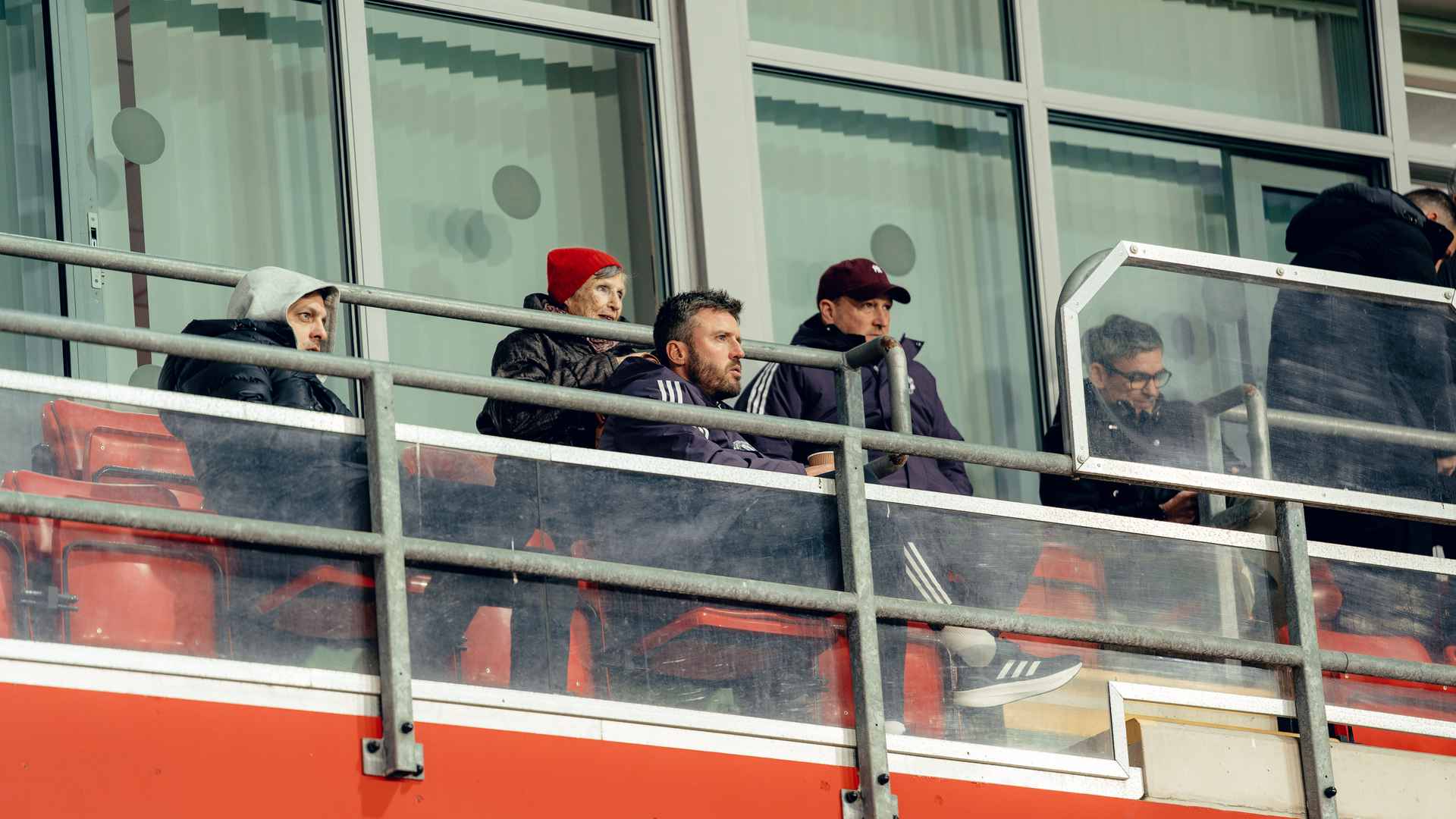 Michael Carrick and coaching staff cheer on Man Utd Under 21s v Sporting