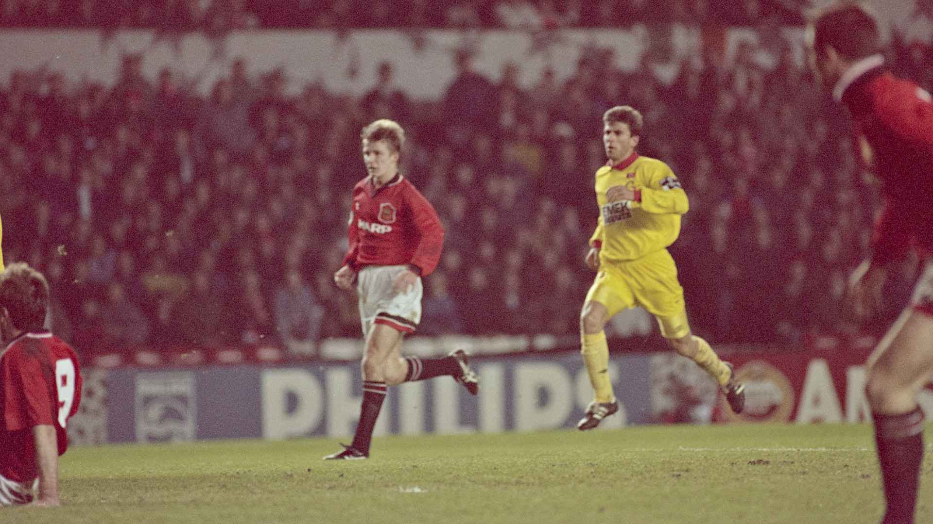 The exact moment David Beckham scored his first senior United goal.